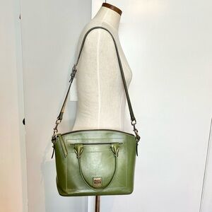 Dooney & Bourke smooth leather domed satchel, long crossbody strap, moss green